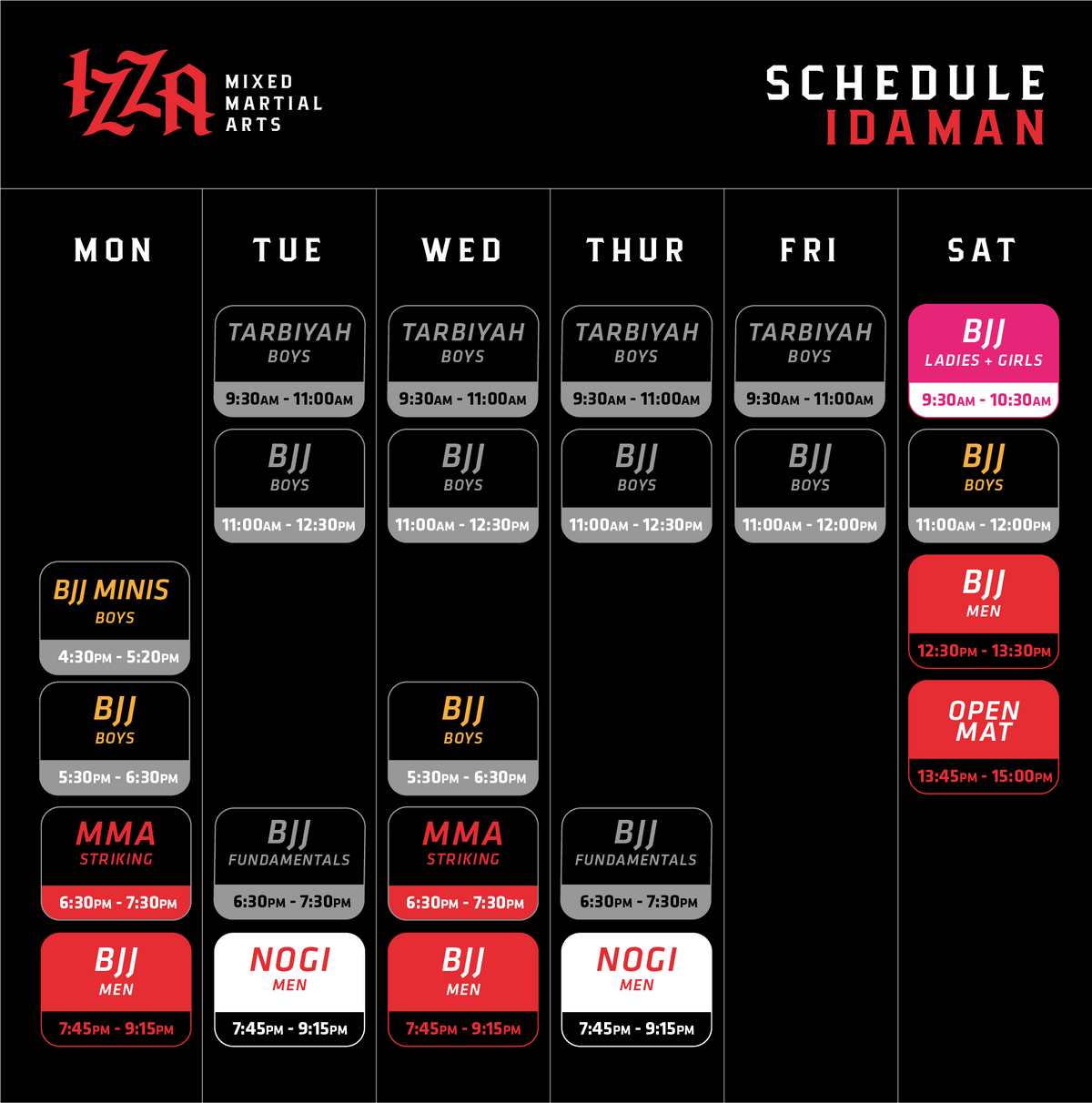 Schedule – Izza Mixed Martial Arts